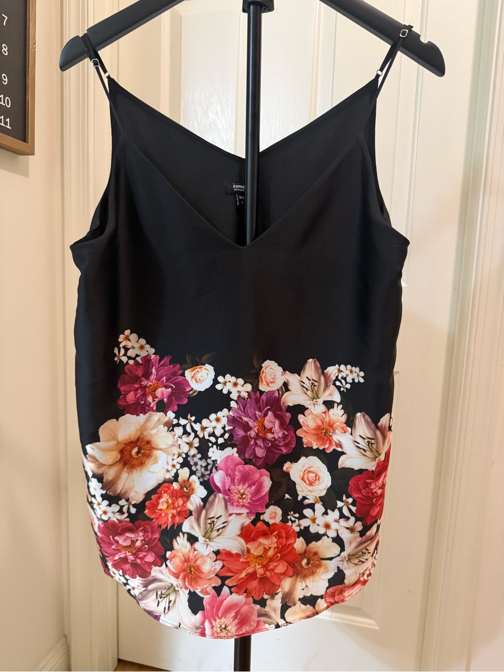 Express Black Floral V-Neck Camisole with Pink & Coral Blooms